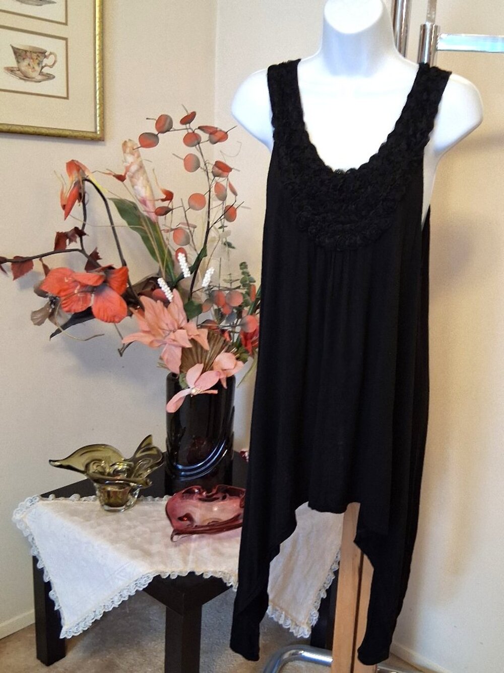 NWOT Papillon Unique Floral Design Black Camisole Mini Dress Asymmetrical Top 12